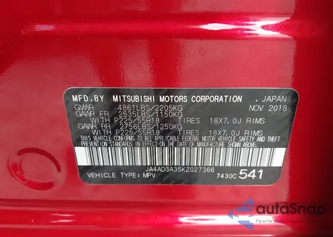 2019 Mitsubishi Outlander Le/Se/Sel z USA, uszkodzony, nr VIN JA4AD3A35KZ027366